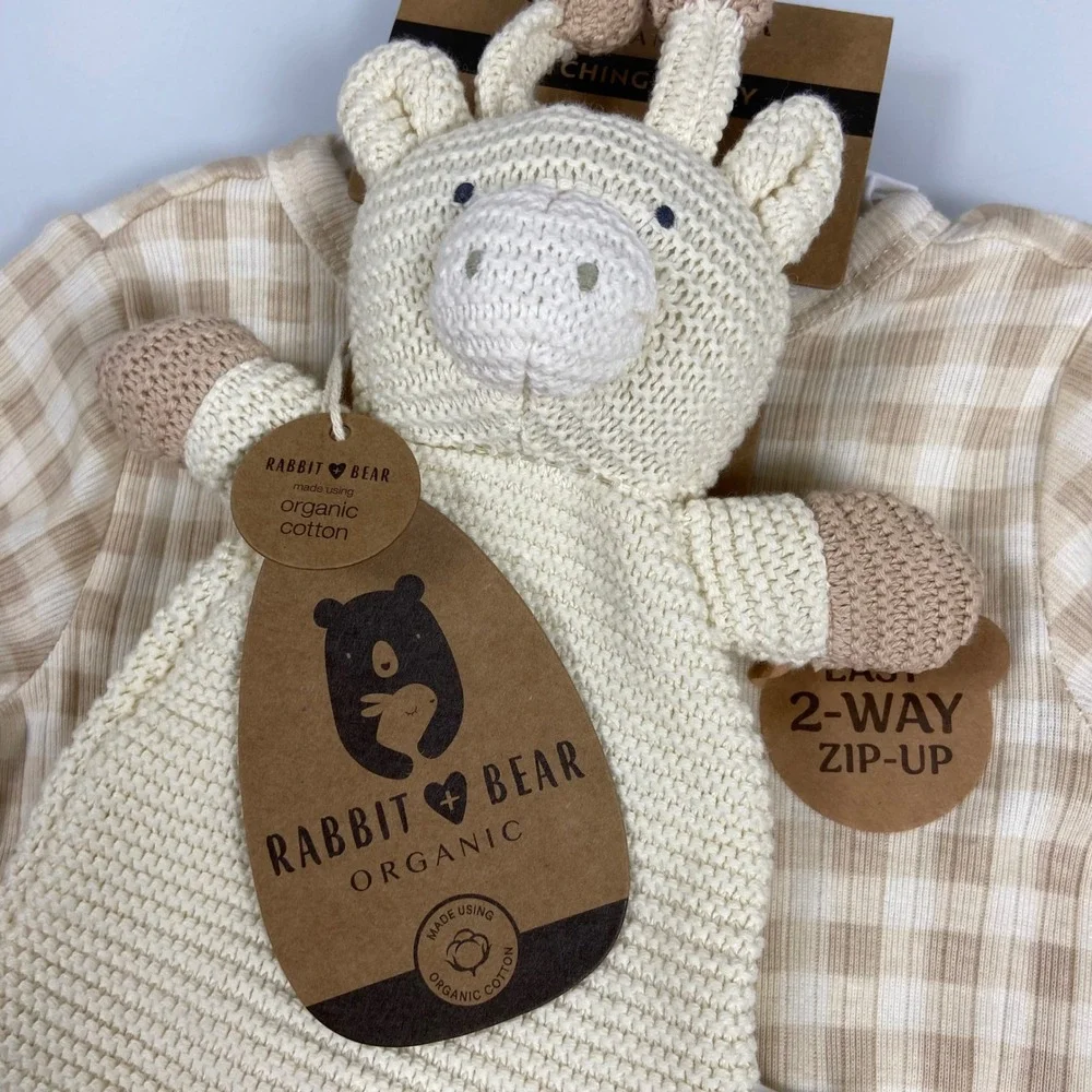 Rabbit + Bear Kids 6-9M Beige Gingham Organic Cotton Sleeper‎ & Lovey NEW